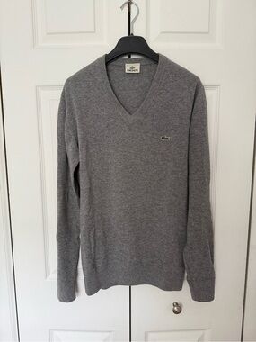 Lacoste Men's V-Neck Heather Gray Wool Sweater with Crocodile Logo